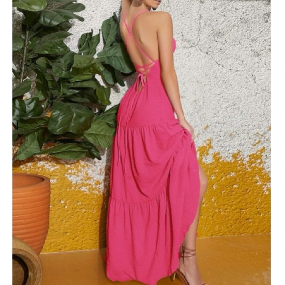 Boho hot pink crisscross back cami maxi dress